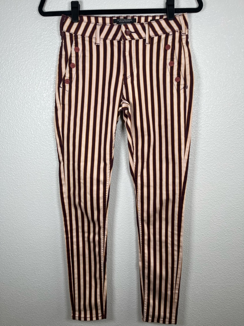 Scotch & Soda La Bohemienne Mid Rise Skinny Maroon Striped Pants - Picture 2 of 9